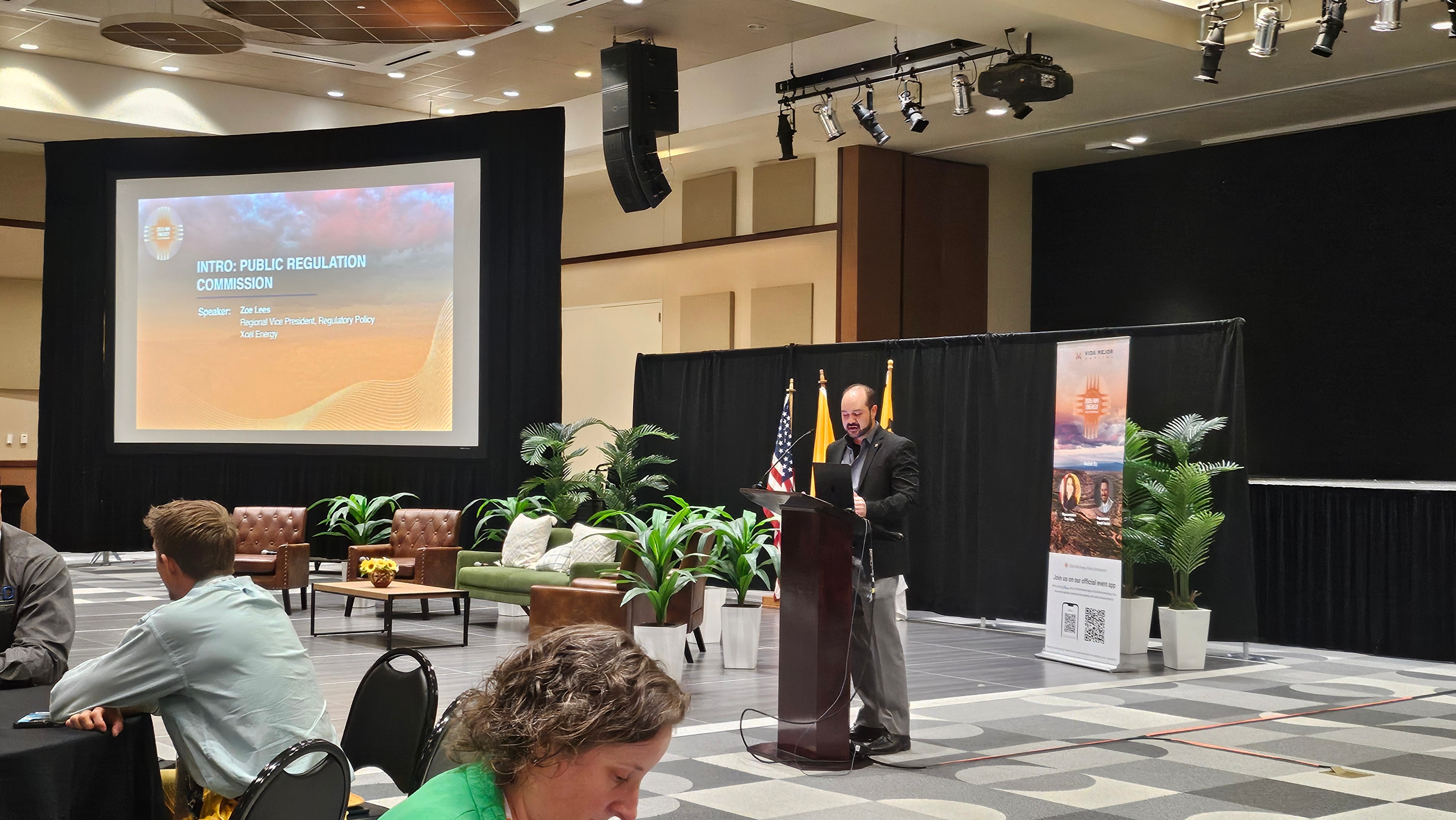 Speaker at podium with presentation screen